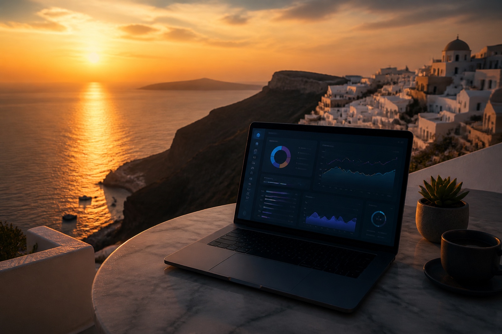 Greek island coastline at sunset with a laptop showing a dashboard