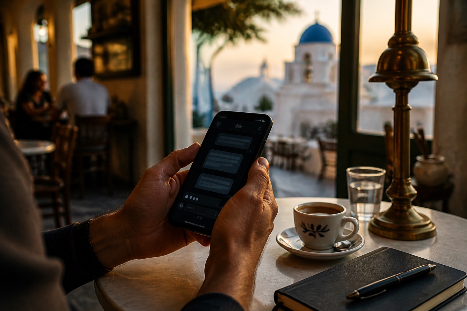 Person using an AI chat interface on a phone in a Greek café