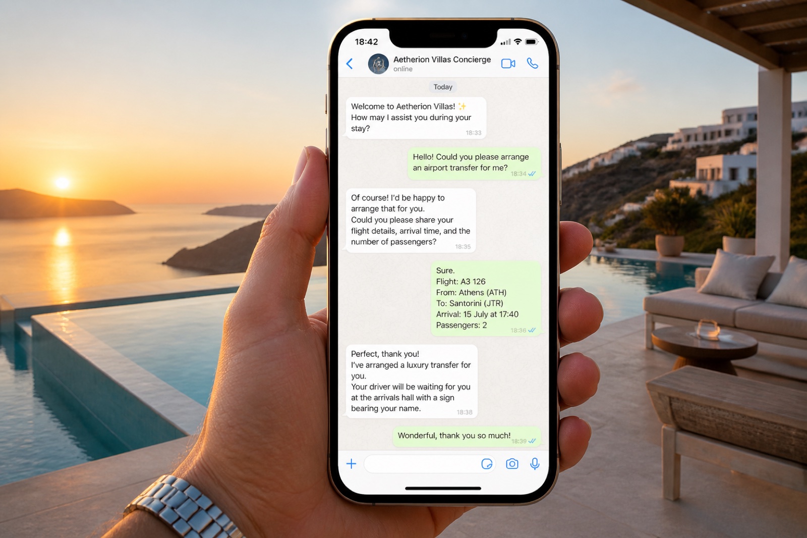 Greek hotel pool at golden hour with WhatsApp on a phone in foreground