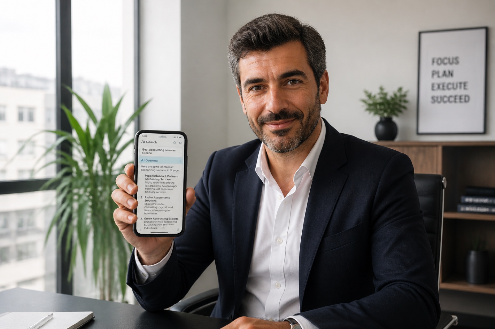 Greek business owner reviewing AI search results