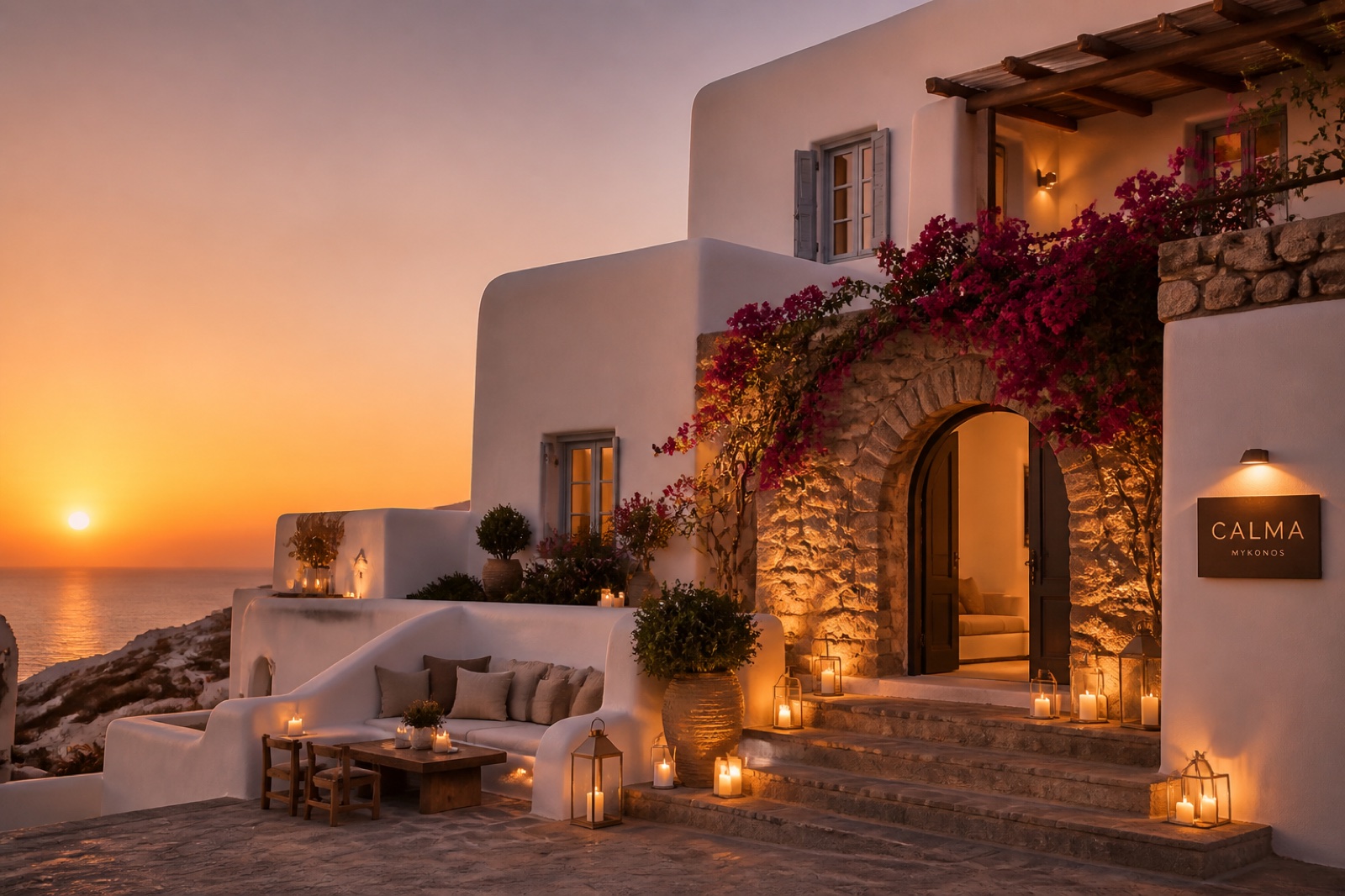 Boutique Greek hotel exterior at warm sunset